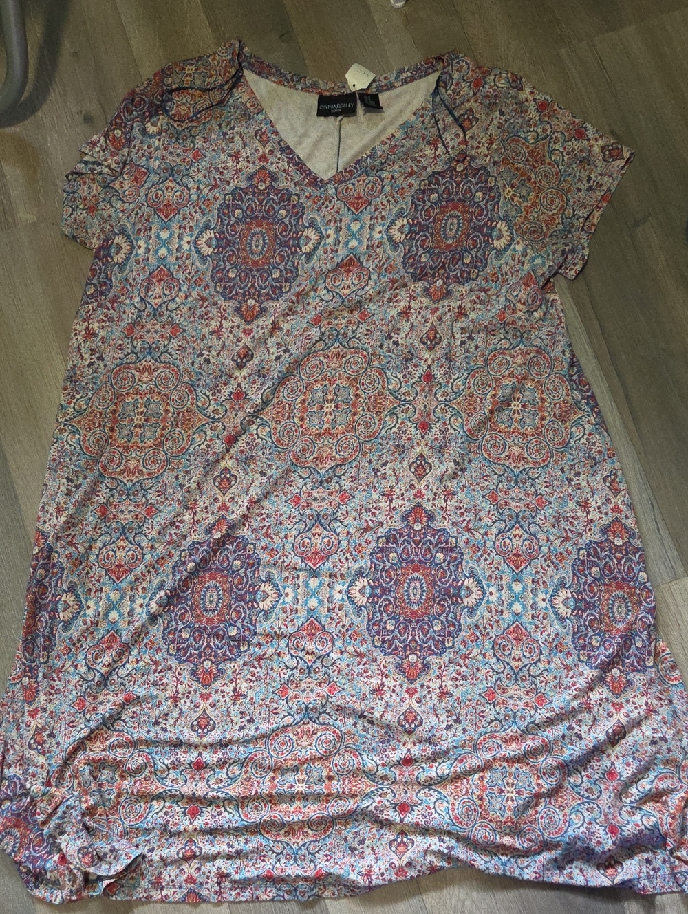 Cynthia Rowley V‑Neck Midi Dress in Red, Blue & Cream Medallion Print